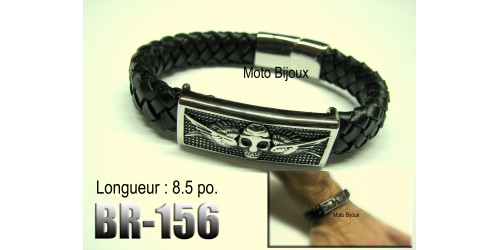 Br-156, Bracelet cuir , Tête de mort ailée